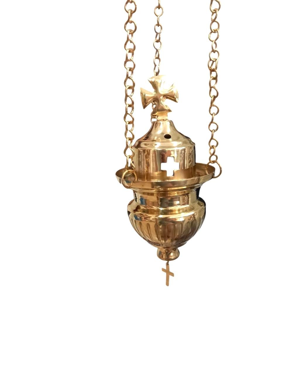 Metal Greek Orthodox Vigil Oil Lamp Wall Mounted Hanging Kandili with Cross Lid Gold Tone Aluminum Prayer Corner Altar Light Lantern Candle