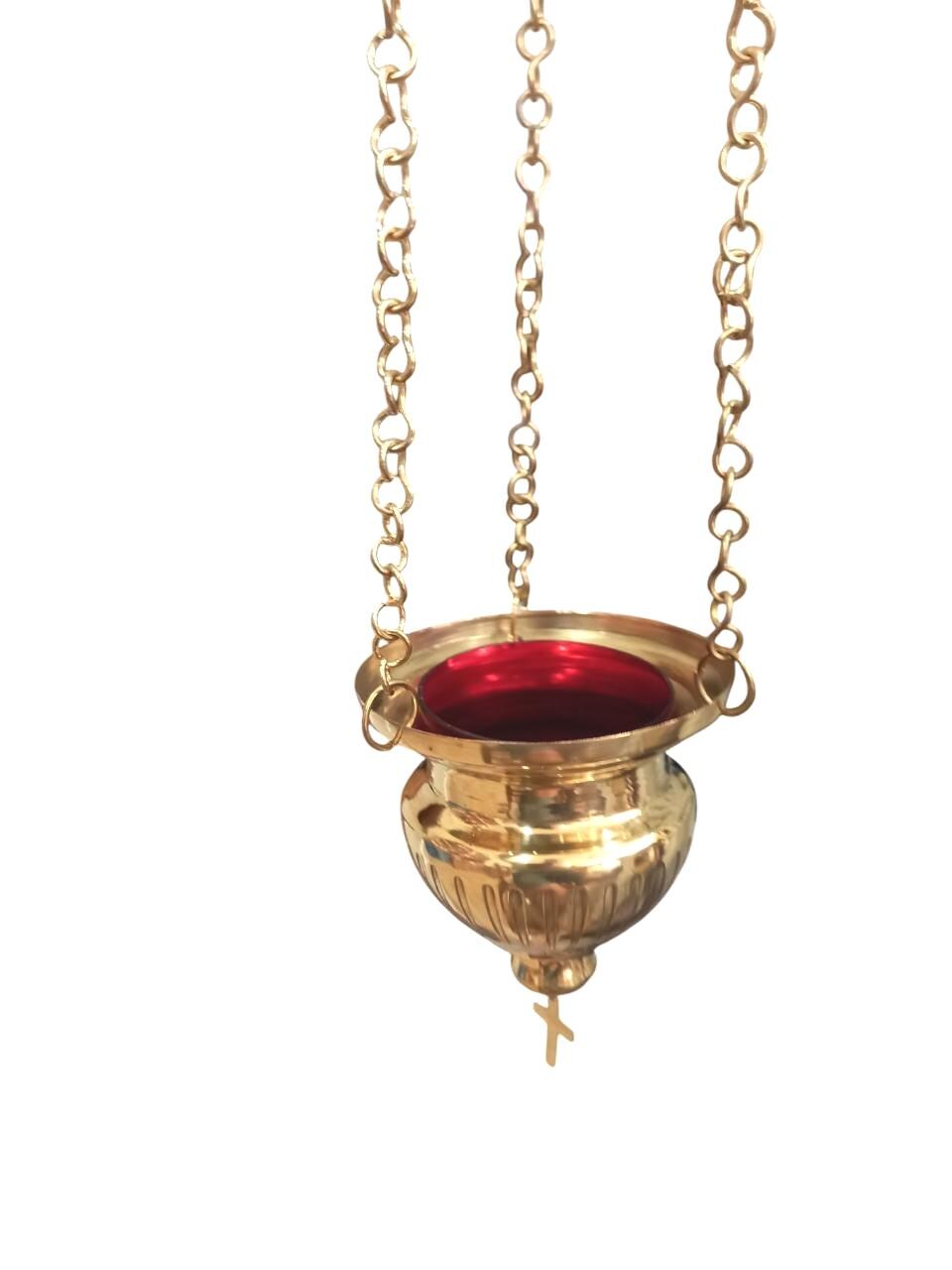 Metal Greek Orthodox Vigil Oil Lamp Wall Mounted Hanging Kandili with Cross Lid Gold Tone Aluminum Prayer Corner Altar Light Lantern Candle