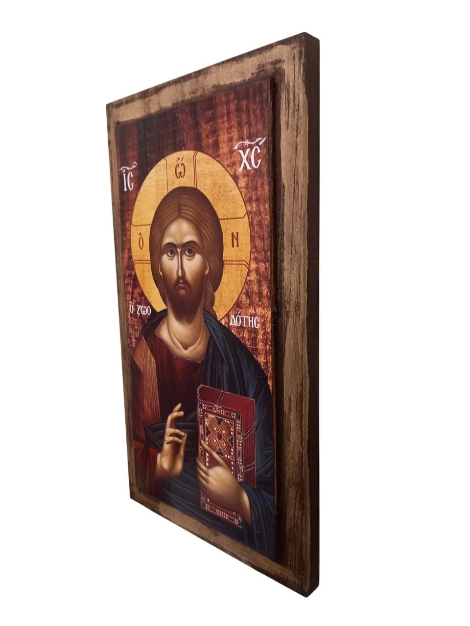 14 1/4" Wooden Icon of Jesus Christ • Byzantine Greek Orthodox Wall • Solid Wood Varnished • Christian Home Prayer Corner • 36x20.5cm