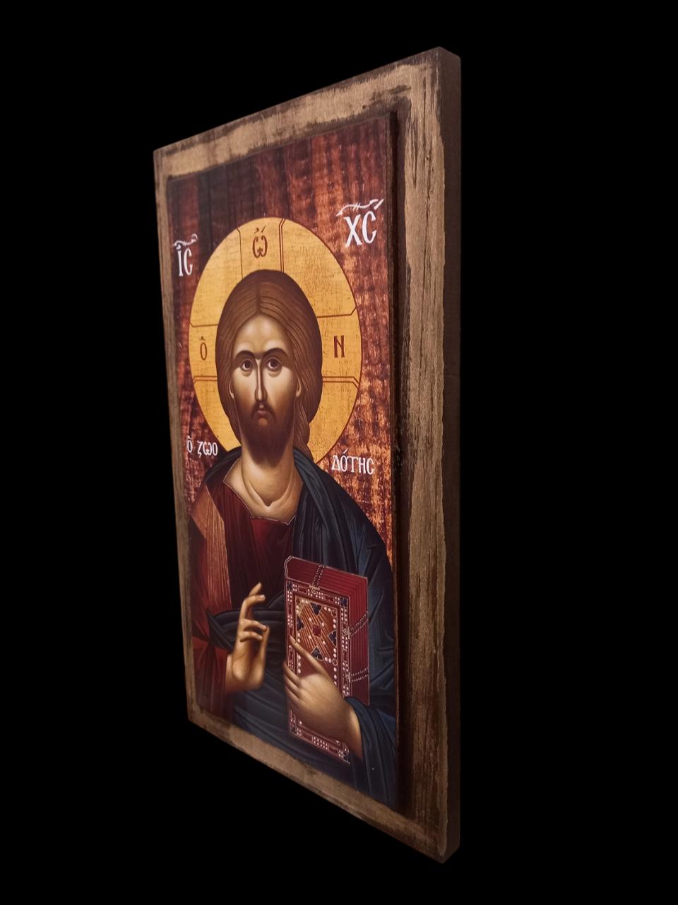 14 1/4" Wooden Icon of Jesus Christ • Byzantine Greek Orthodox Wall • Solid Wood Varnished • Christian Home Prayer Corner • 36x20.5cm
