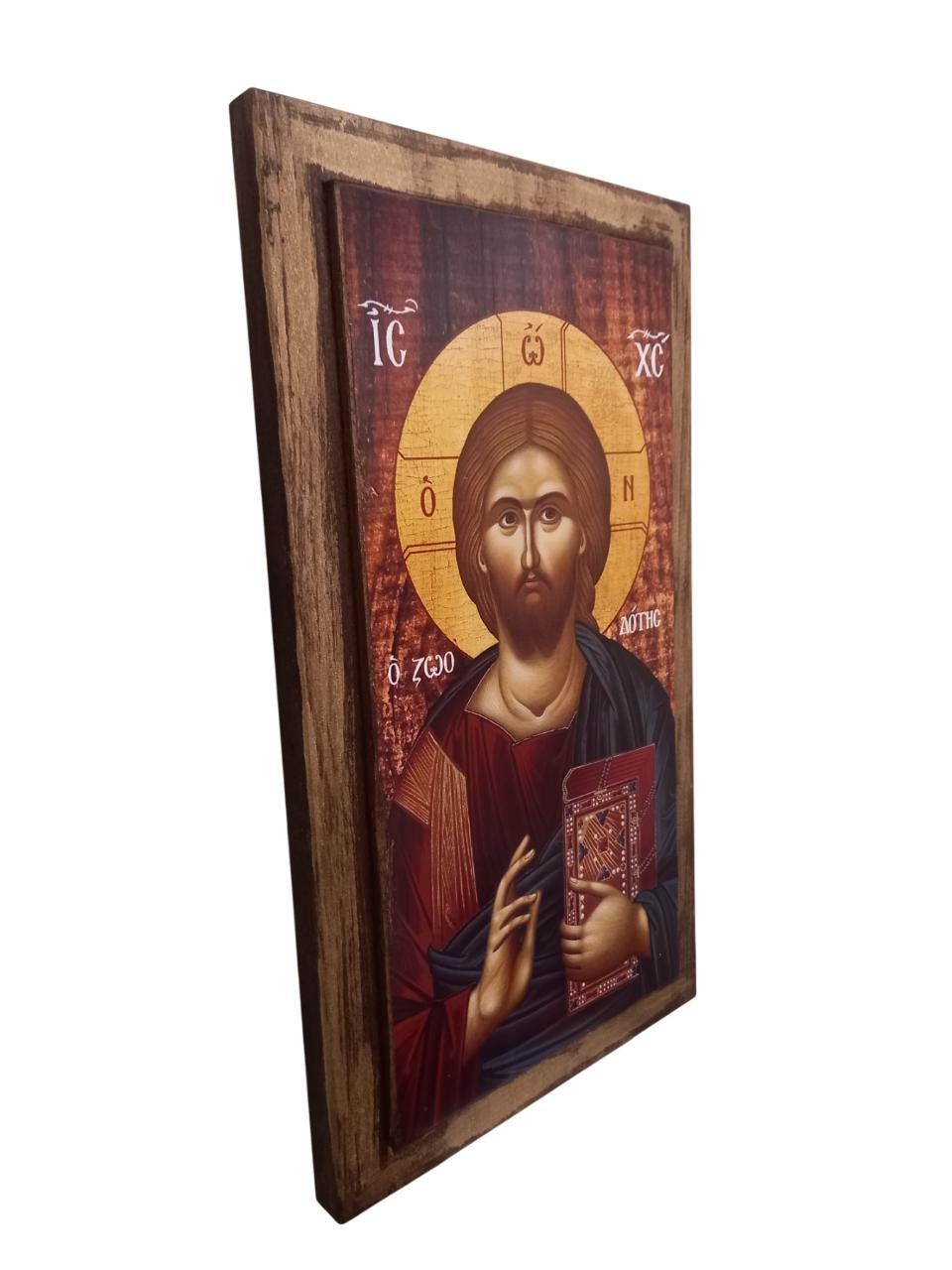 14 1/4" Wooden Icon of Jesus Christ • Byzantine Greek Orthodox Wall • Solid Wood Varnished • Christian Home Prayer Corner • 36x20.5cm
