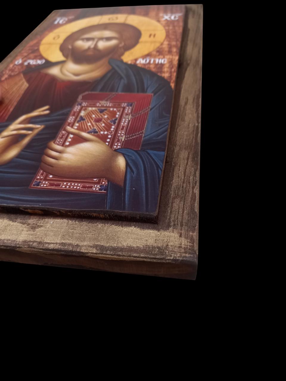 14 1/4" Wooden Icon of Jesus Christ • Byzantine Greek Orthodox Wall • Solid Wood Varnished • Christian Home Prayer Corner • 36x20.5cm