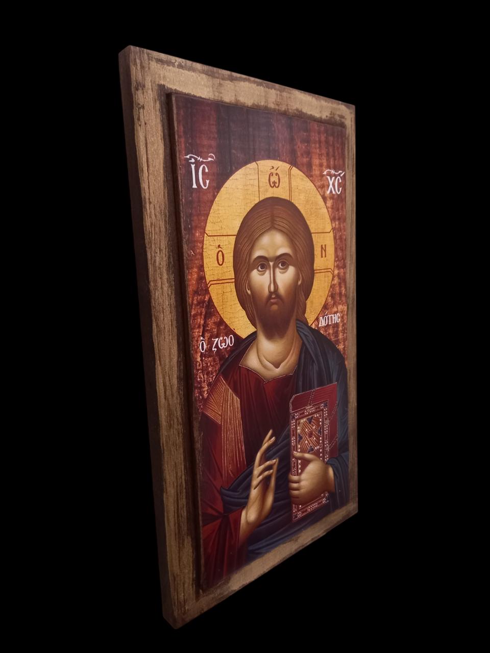 14 1/4" Wooden Icon of Jesus Christ • Byzantine Greek Orthodox Wall • Solid Wood Varnished • Christian Home Prayer Corner • 36x20.5cm