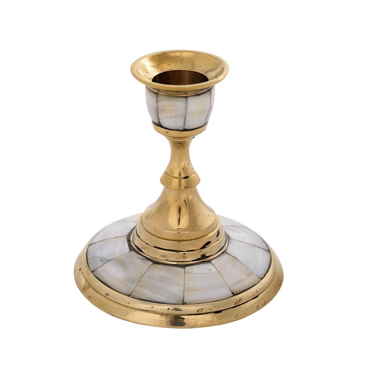 8.5cm Solid Brass Candle Holder with Mother of Pearl Elegant Free-Standing Candlestick, Blue Velvet Base, 3 3/8" Height, Round & Hex Bottom