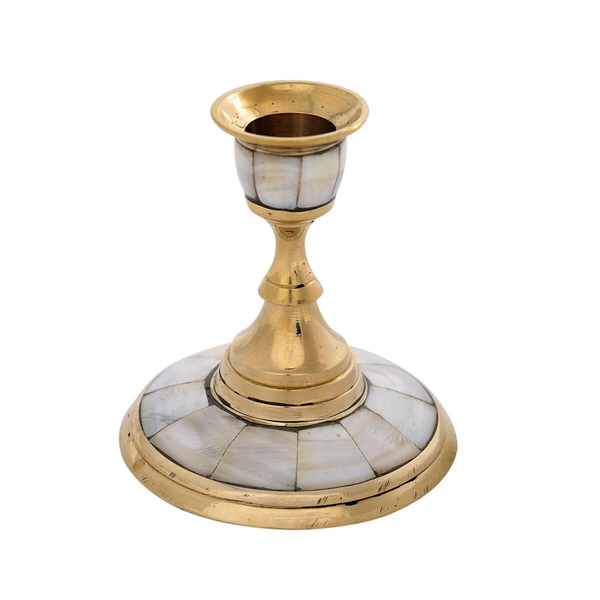 8.5cm Solid Brass Candle Holder with Mother of Pearl Elegant Free-Standing Candlestick, Blue Velvet Base, 3 3/8" Height, Round & Hex Bottom