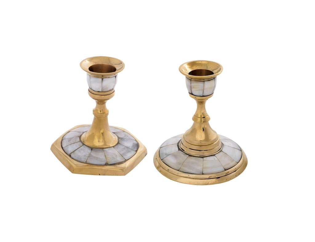 8.5cm Solid Brass Candle Holder with Mother of Pearl Elegant Free-Standing Candlestick, Blue Velvet Base, 3 3/8" Height, Round & Hex Bottom