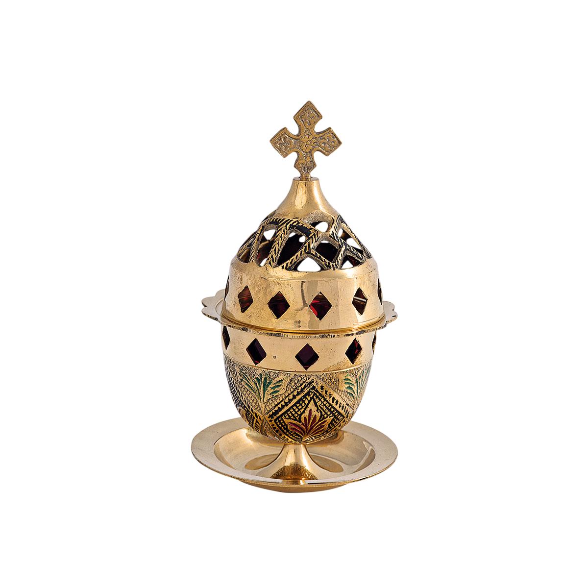 Greek Orthodox Brass Vigil Oil Lamp Hand-Painted Floral Design Red Glass Cross Lid Prayer Light
