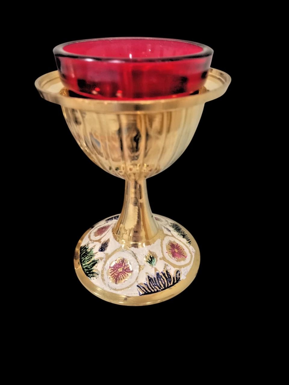 8" Greek Orthodox Brass Vigil Oil Lamp Hand-Painted Floral Design Red Glass Cross Lid Prayer Light 20cm