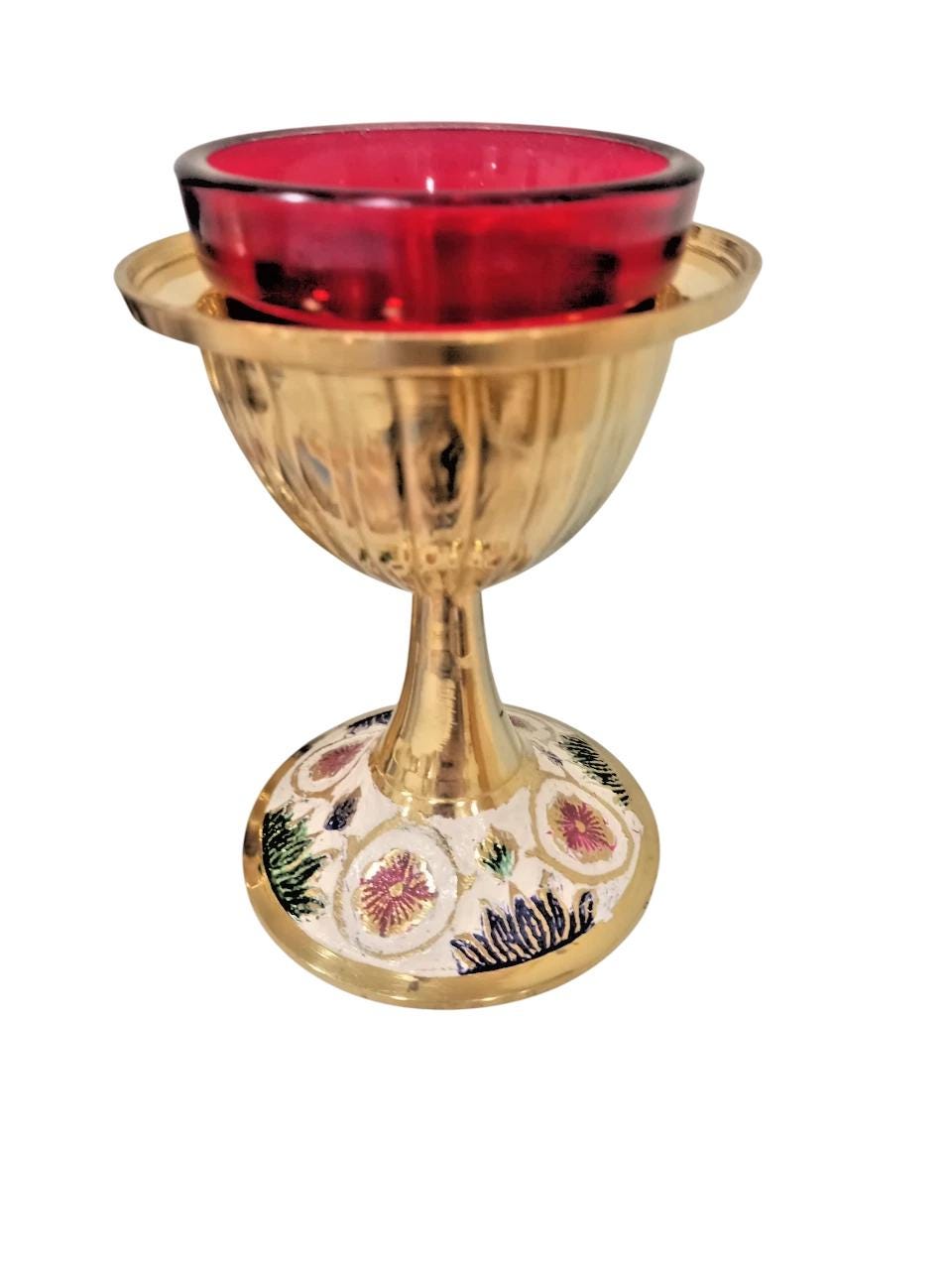 8" Greek Orthodox Brass Vigil Oil Lamp Hand-Painted Floral Design Red Glass Cross Lid Prayer Light 20cm