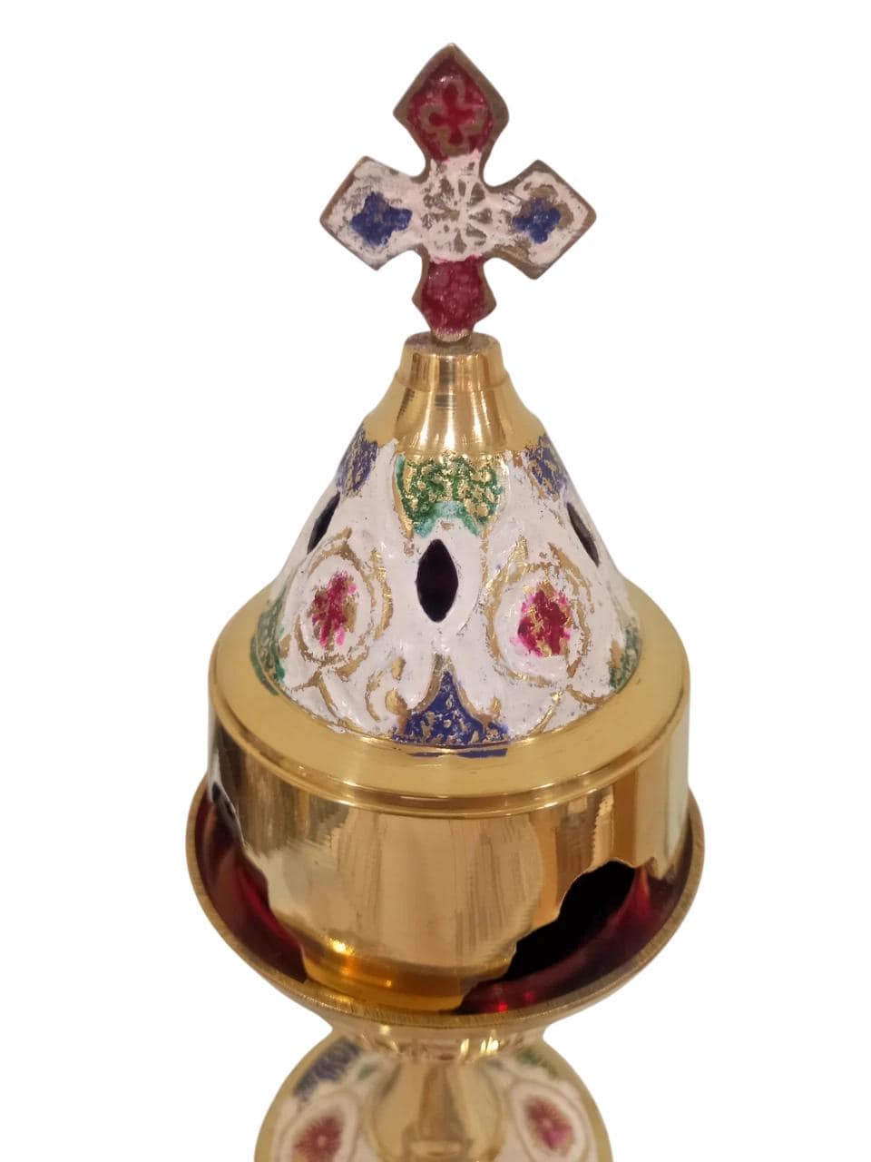 8" Greek Orthodox Brass Vigil Oil Lamp Hand-Painted Floral Design Red Glass Cross Lid Prayer Light 20cm