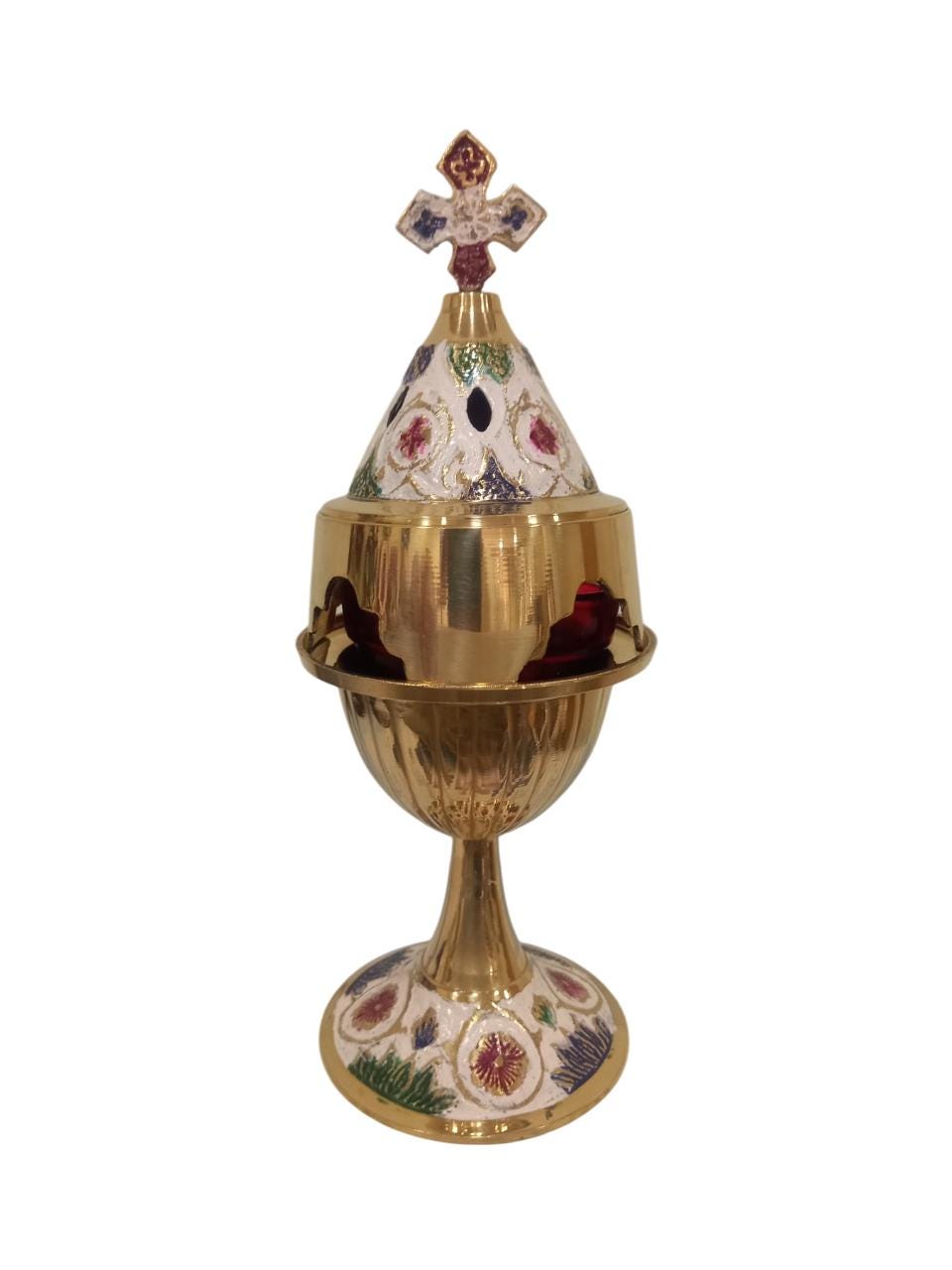 8" Greek Orthodox Brass Vigil Oil Lamp Hand-Painted Floral Design Red Glass Cross Lid Prayer Light 20cm