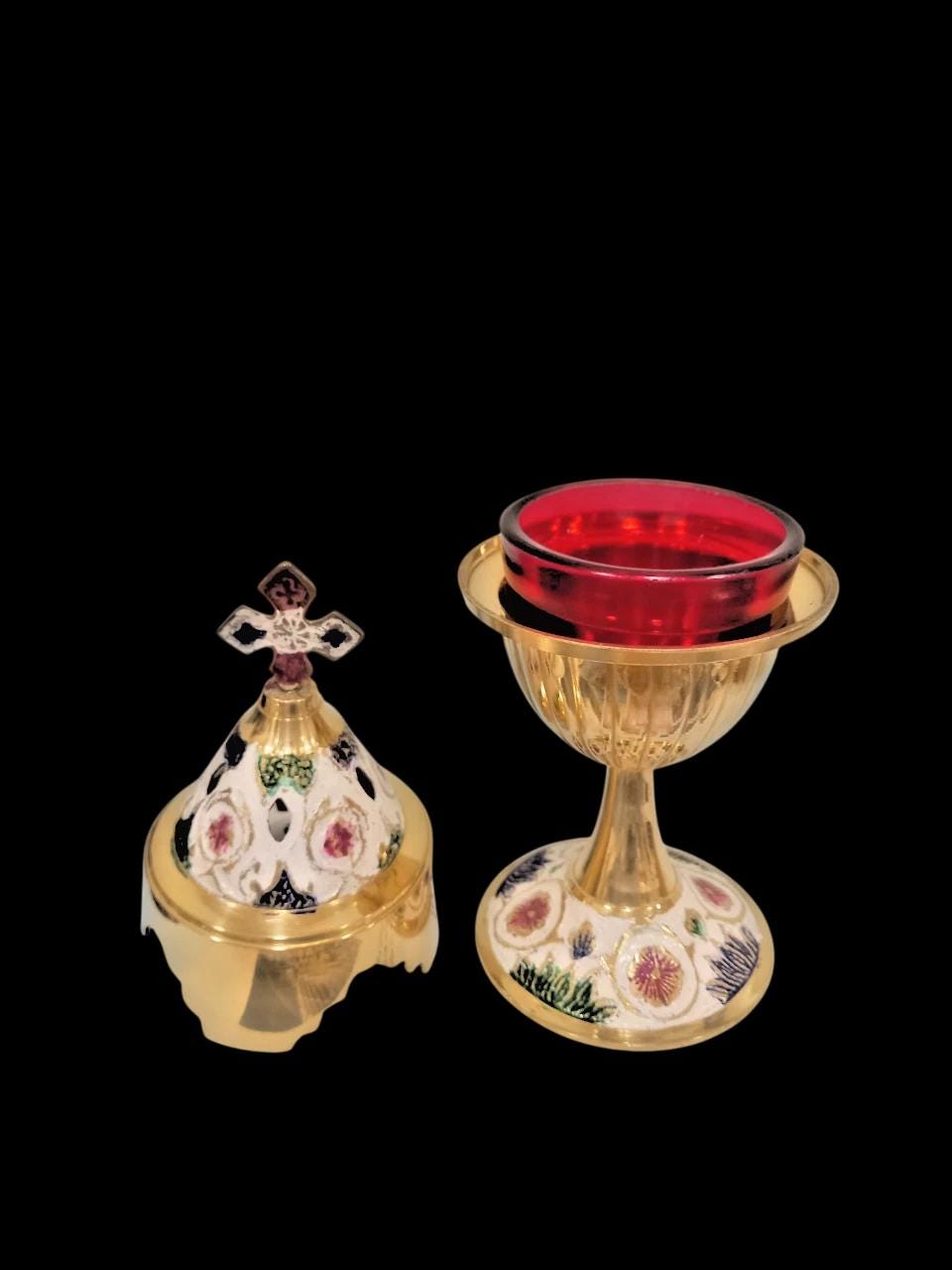 8" Greek Orthodox Brass Vigil Oil Lamp Hand-Painted Floral Design Red Glass Cross Lid Prayer Light 20cm