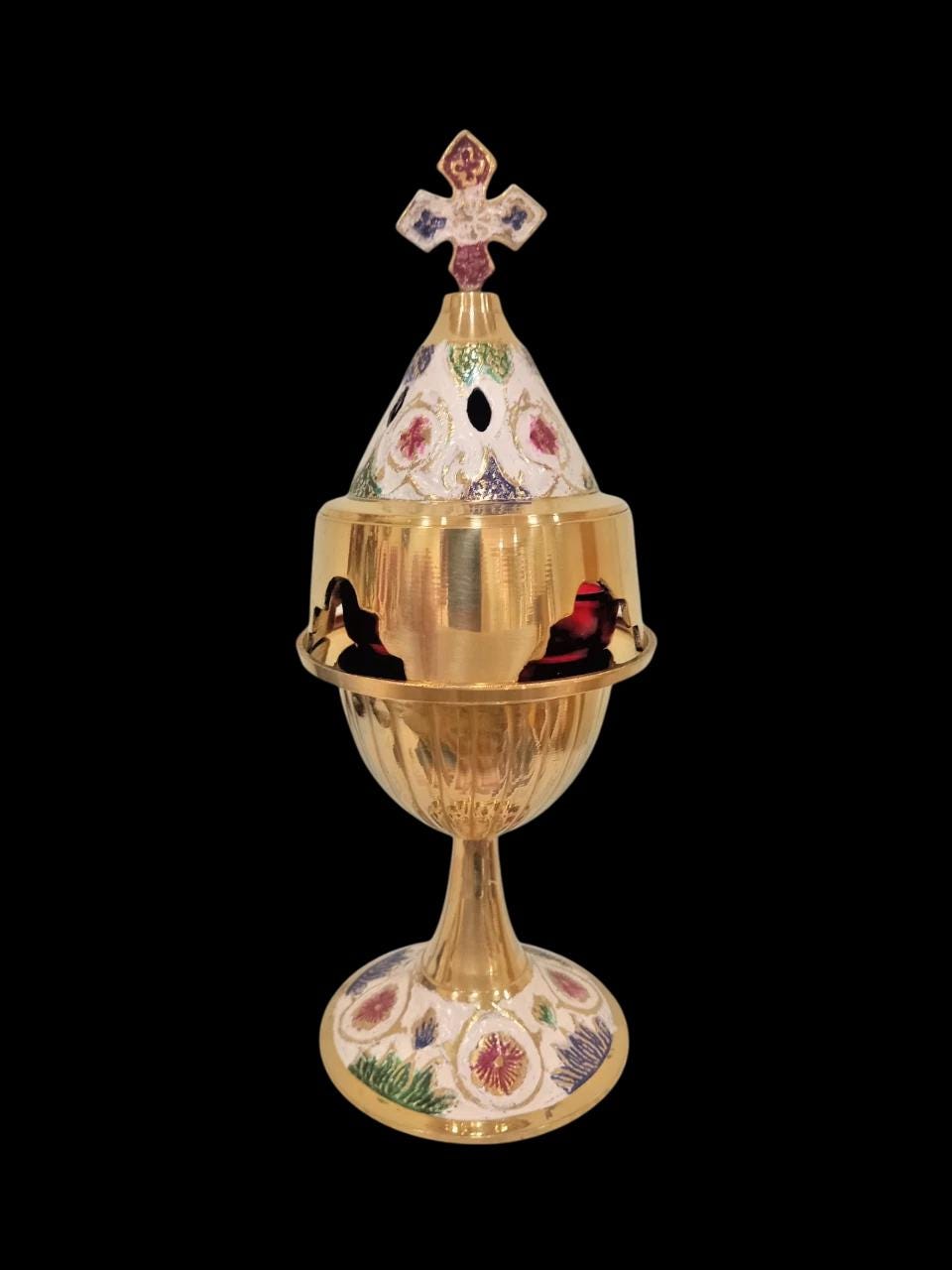 8" Greek Orthodox Brass Vigil Oil Lamp Hand-Painted Floral Design Red Glass Cross Lid Prayer Light 20cm