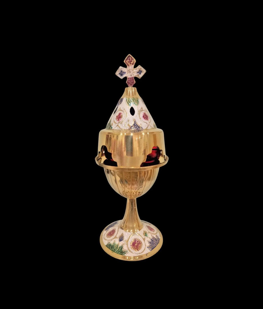 8" Greek Orthodox Brass Vigil Oil Lamp Hand-Painted Floral Design Red Glass Cross Lid Prayer Light 20cm