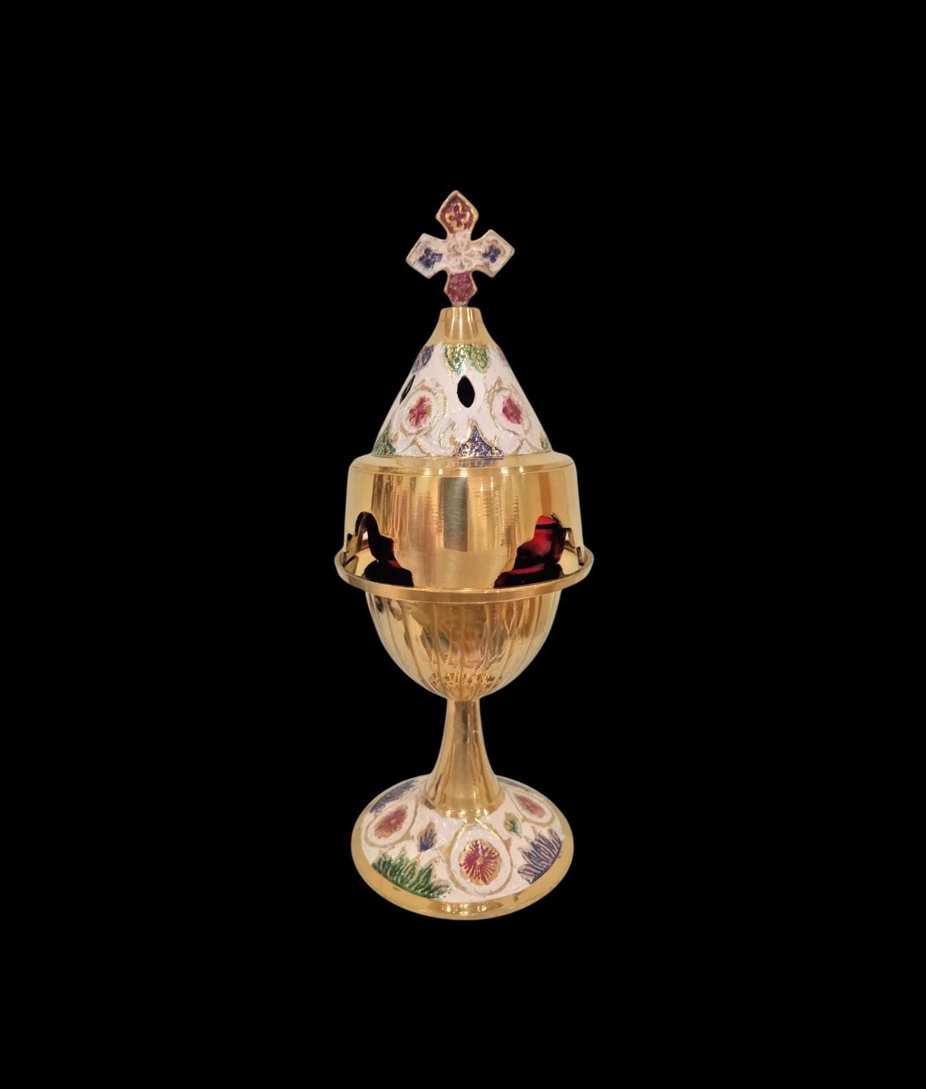 8" Greek Orthodox Brass Vigil Oil Lamp Hand-Painted Floral Design Red Glass Cross Lid Prayer Light 20cm
