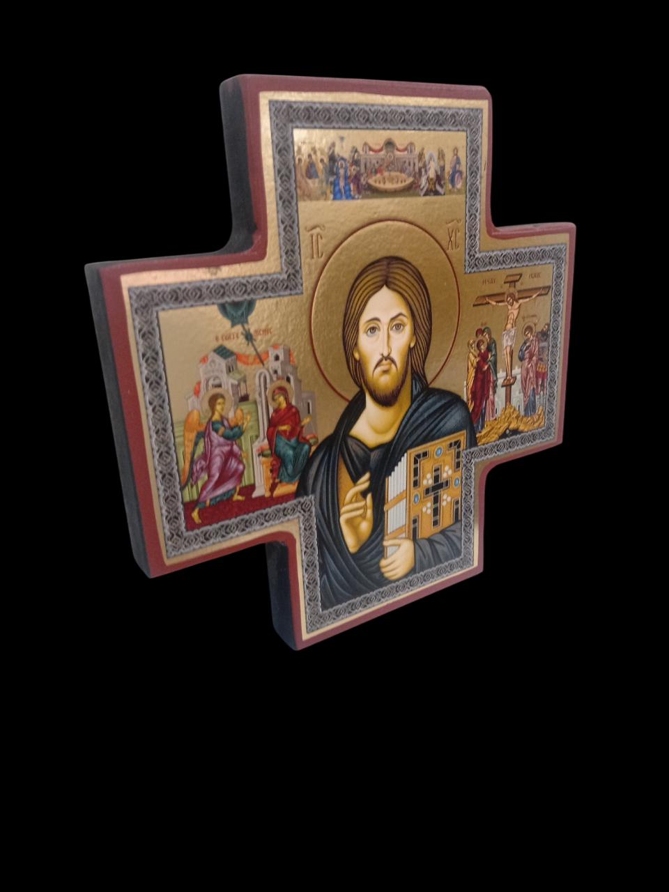 5.5" Gilded Print Orthodox Icon of Christ | Byzantine Religious Wall Art | Gold Foil Christian Home Decor | Cross-Shaped Sacred Icon Panel