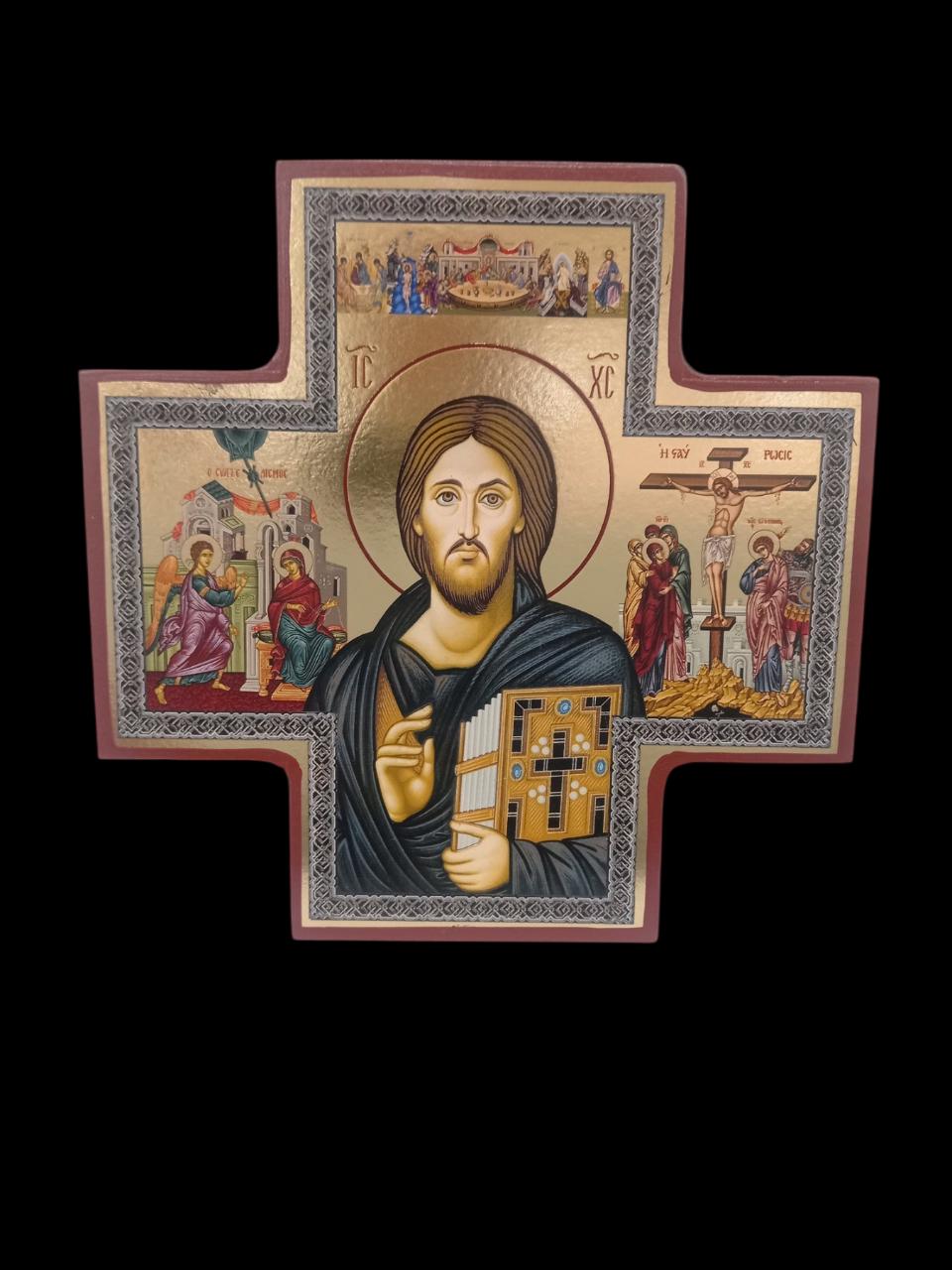 5.5" Gilded Print Orthodox Icon of Christ | Byzantine Religious Wall Art | Gold Foil Christian Home Decor | Cross-Shaped Sacred Icon Panel