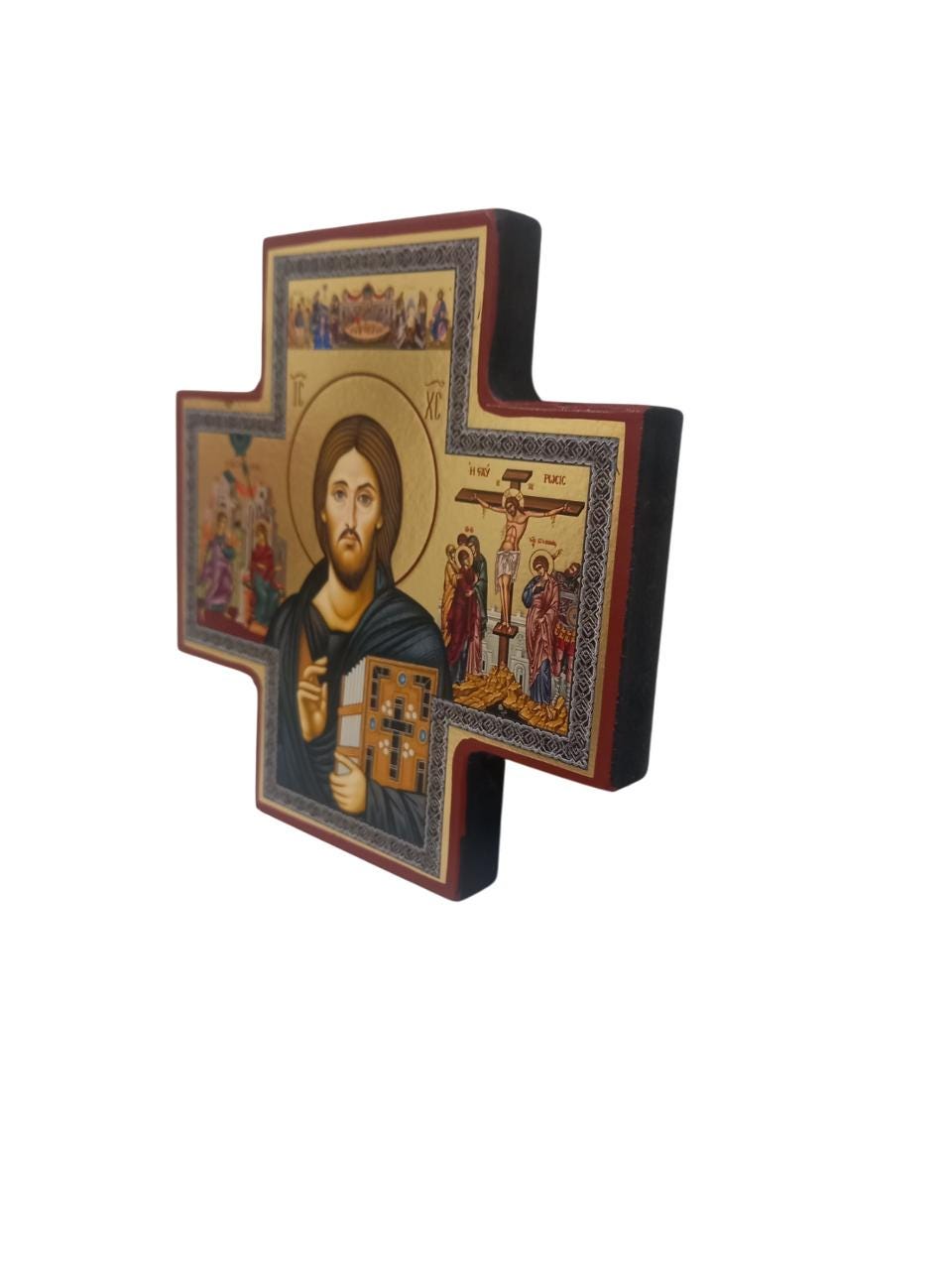 5.5" Gilded Print Orthodox Icon of Christ | Byzantine Religious Wall Art | Gold Foil Christian Home Decor | Cross-Shaped Sacred Icon Panel