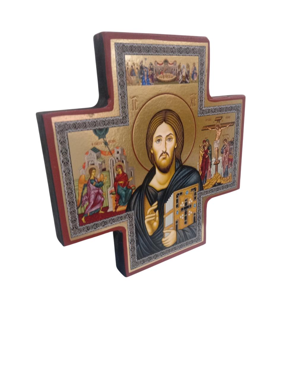 5.5" Gilded Print Orthodox Icon of Christ | Byzantine Religious Wall Art | Gold Foil Christian Home Decor | Cross-Shaped Sacred Icon Panel