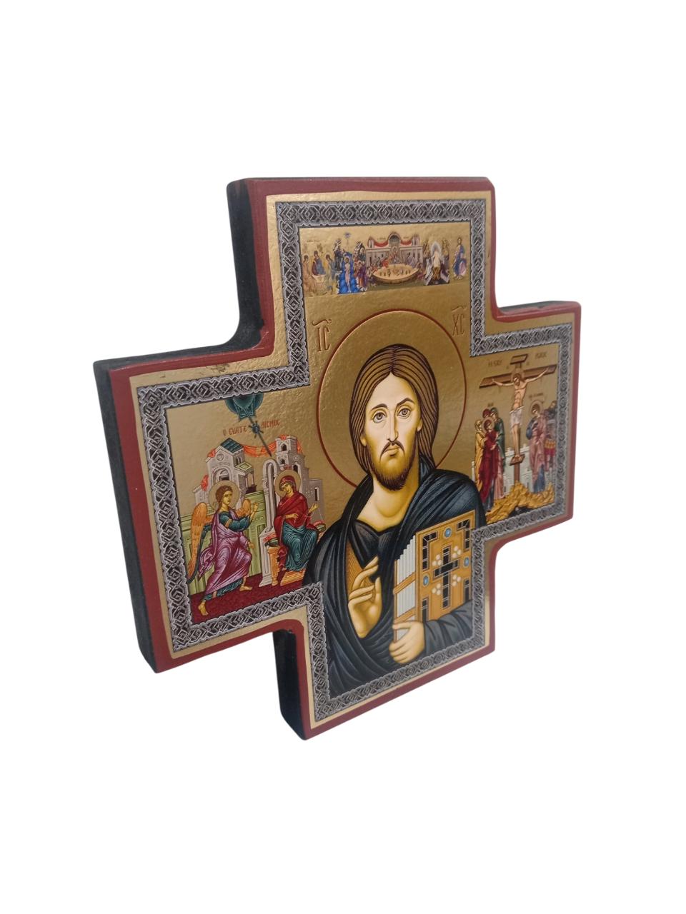 5.5" Gilded Print Orthodox Icon of Christ | Byzantine Religious Wall Art | Gold Foil Christian Home Decor | Cross-Shaped Sacred Icon Panel