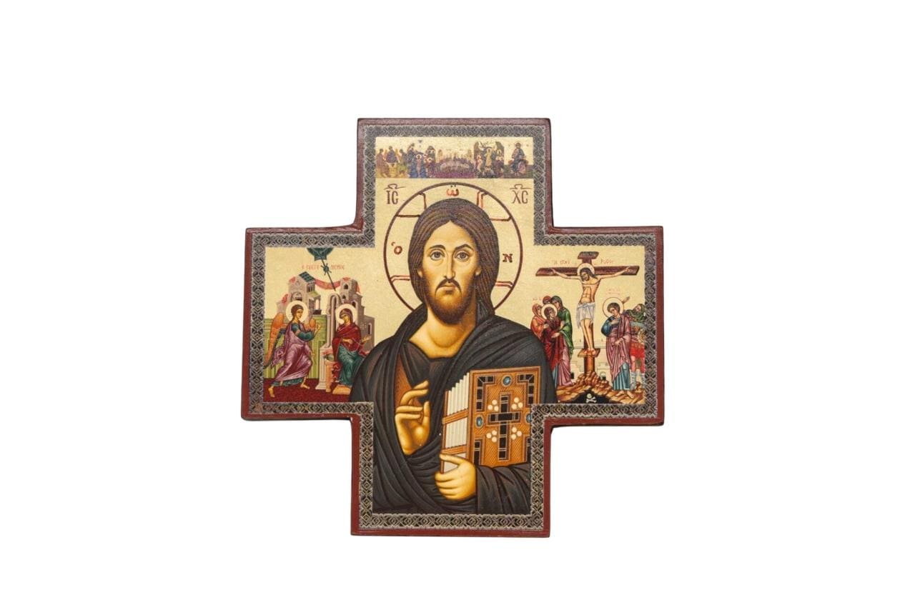5.5" Gilded Print Orthodox Icon of Christ | Byzantine Religious Wall Art | Gold Foil Christian Home Decor | Cross-Shaped Sacred Icon Panel