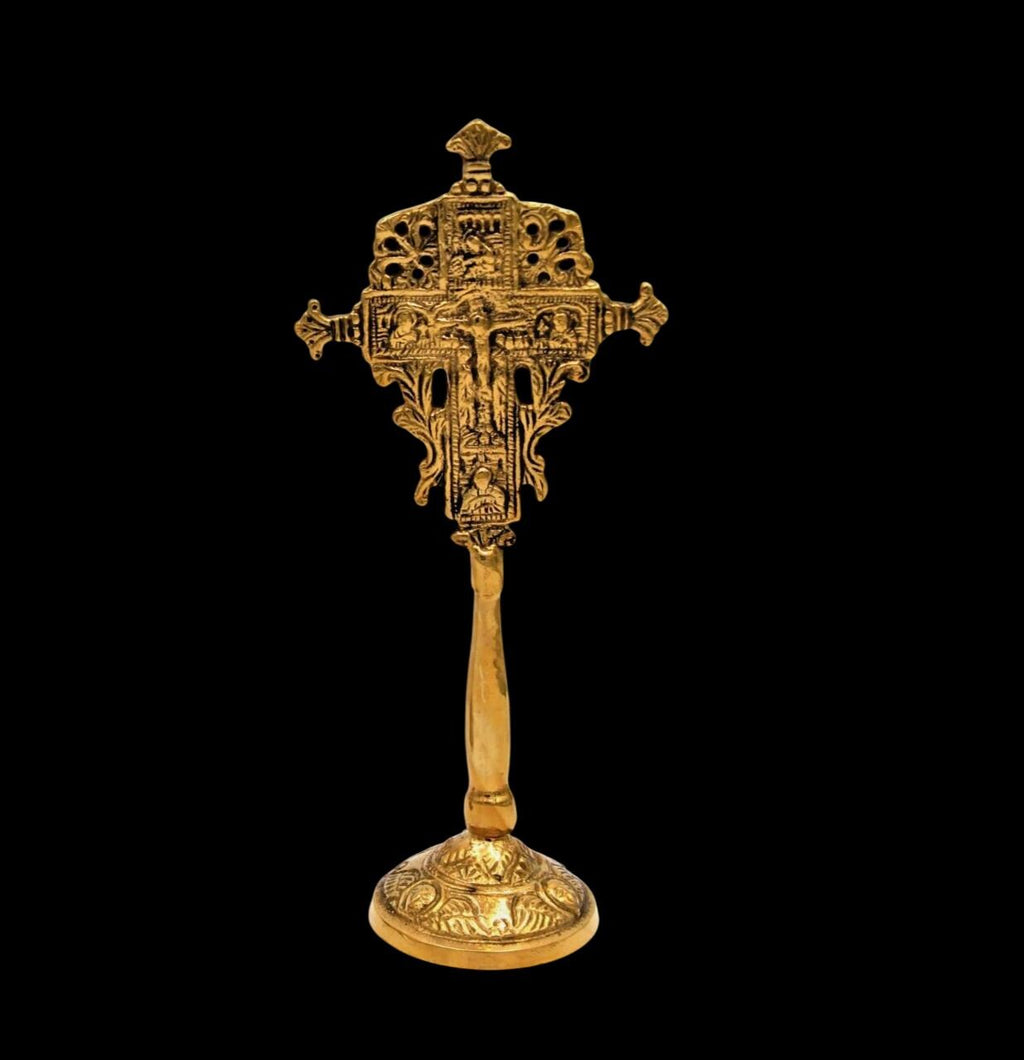 Brass Standing Cross with Base Bronze Tone Altar or Holy Water Cross Greek Orthodox Christian Shrine or Prayer Corner 18x8 cm 7" x 3  1/8"