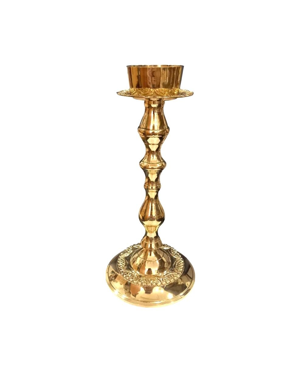 Brass Candlestick Holder Polished Gold Tone Candle Stand Floral Engraved Altar or Home Decor 8"x3 3/4" Elegant Liturgical Candle Holder 20cm