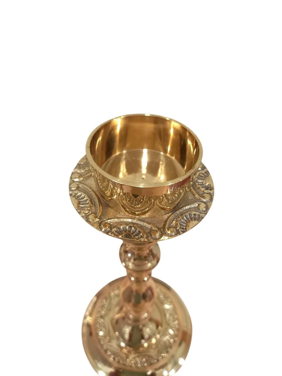 Brass Candlestick Holder Polished Gold Tone Candle Stand Floral Engraved Altar or Home Decor 8"x3 3/4" Elegant Liturgical Candle Holder 20cm