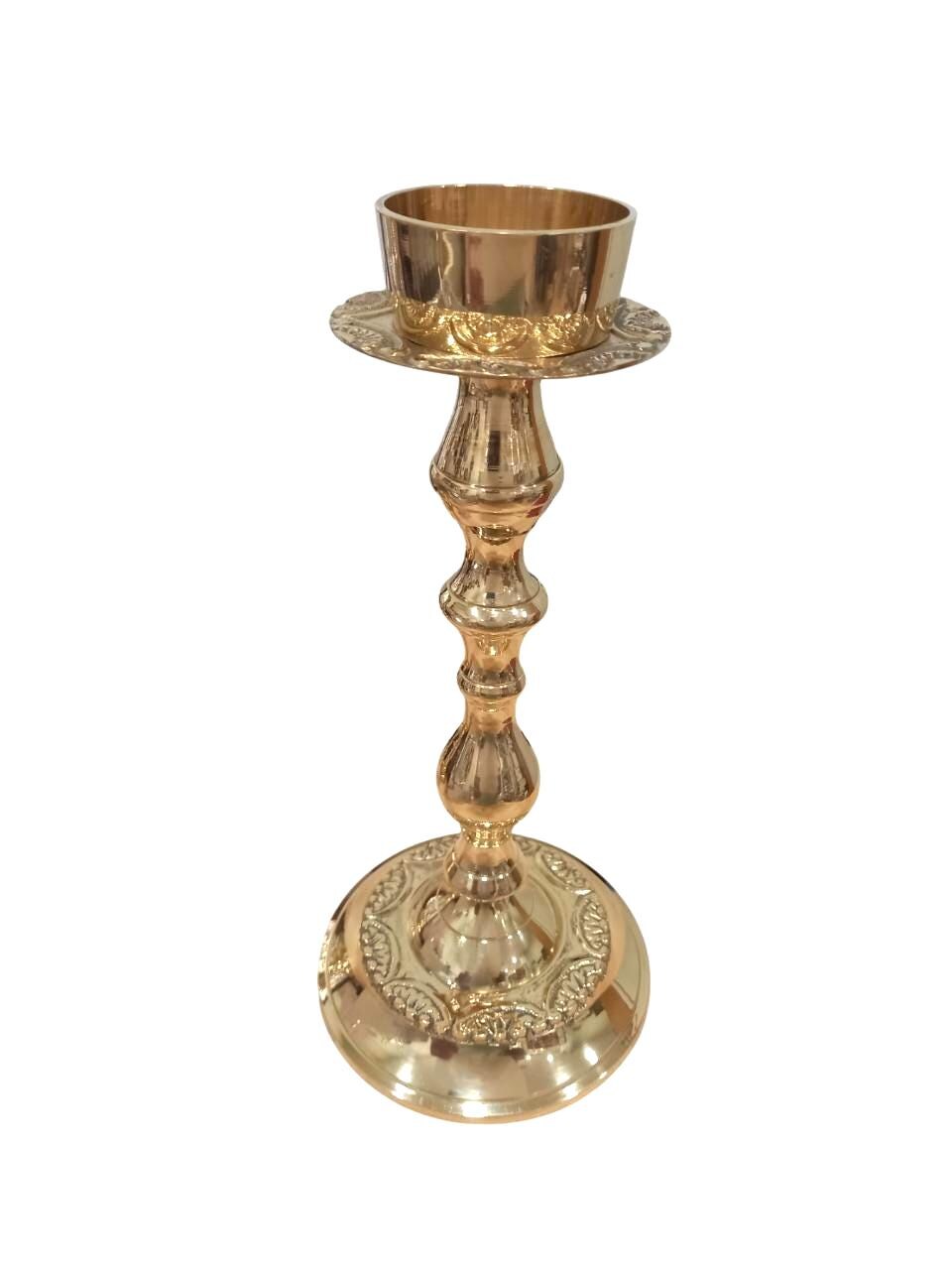 Brass Candlestick Holder Polished Gold Tone Candle Stand Floral Engraved Altar or Home Decor 8"x3 3/4" Elegant Liturgical Candle Holder 20cm