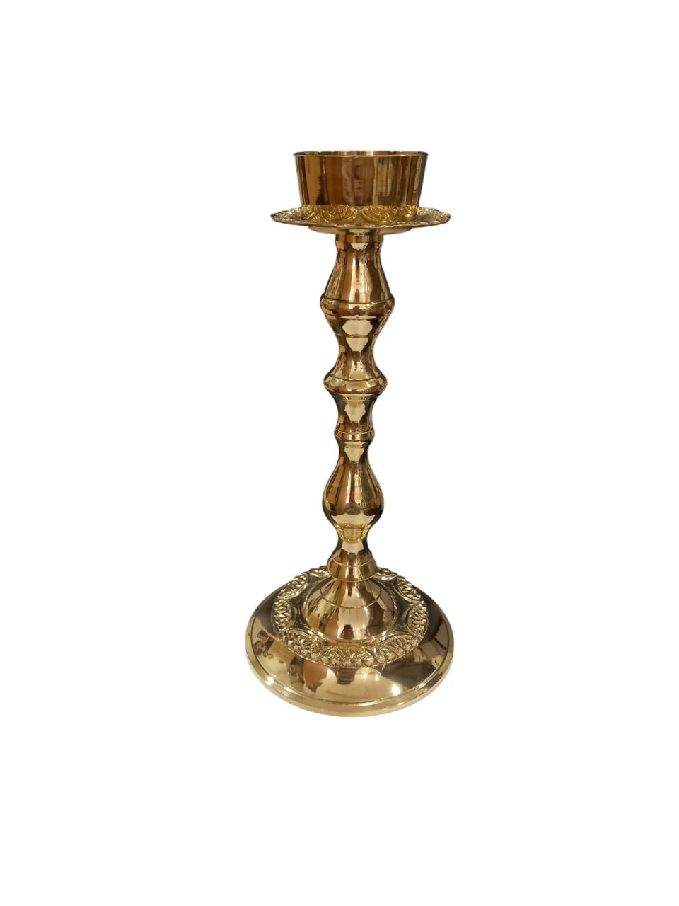 Brass Candlestick Holder Polished Gold Tone Candle Stand Floral Engraved Altar or Home Decor 8"x3 3/4" Elegant Liturgical Candle Holder 20cm