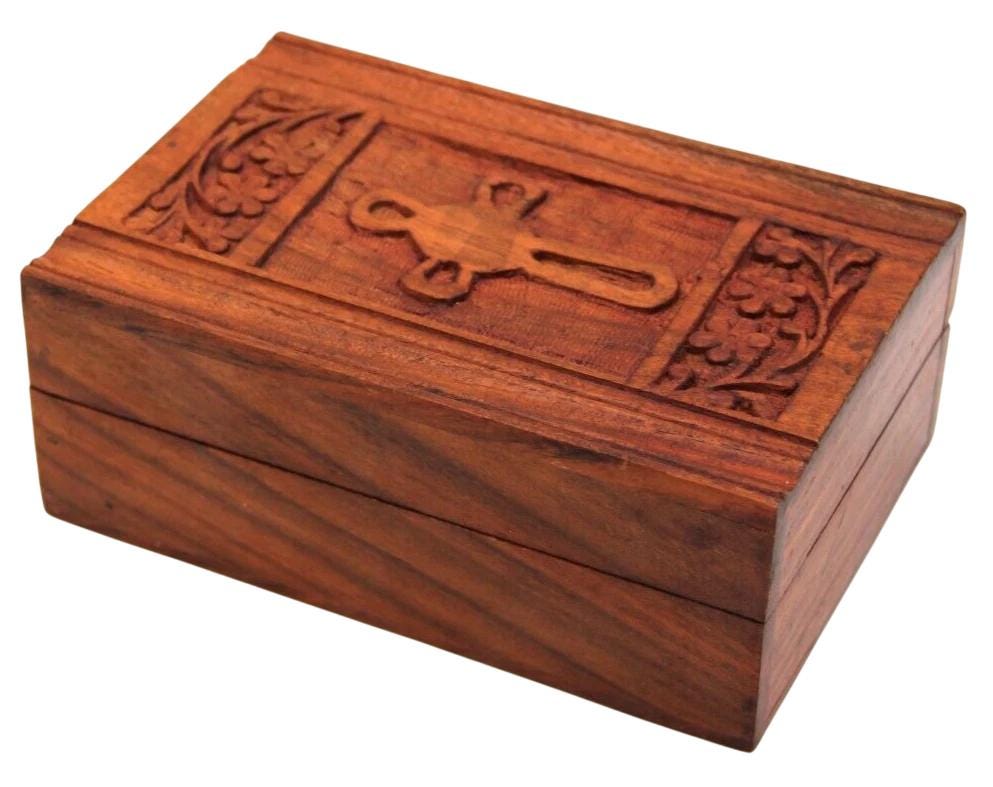 6" Handcarved Natural Wood Relic Case Christian Incense Storage Box for Church & Home Sanctified Object Display