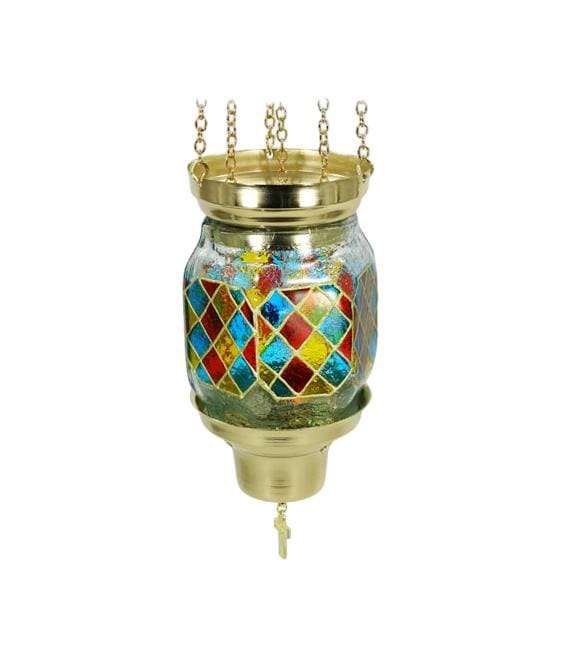 Handmade Multicolored Hand-Painted Glass Vigil Oil Lamp | Hanging Wall-Mounted Brass Chains | Orthodox Style Prayer Lamp