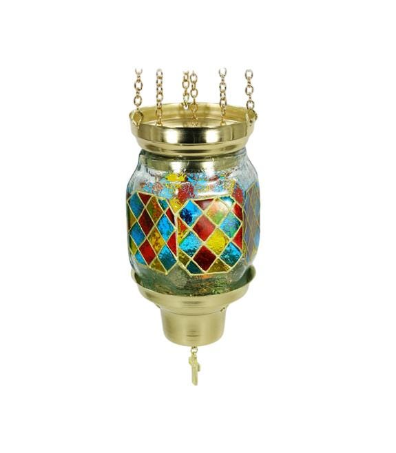 Handmade Multicolored Hand-Painted Glass Vigil Oil Lamp | Hanging Wall-Mounted Brass Chains | Orthodox Style Prayer Lamp