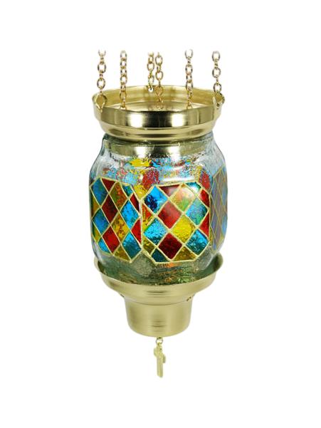 Handmade Multicolored Hand-Painted Glass Vigil Oil Lamp | Hanging Wall-Mounted Brass Chains | Orthodox Style Prayer Lamp