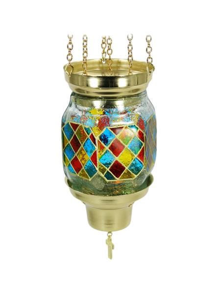 Handmade Multicolored Hand-Painted Glass Vigil Oil Lamp | Hanging Wall-Mounted Brass Chains | Orthodox Style Prayer Lamp