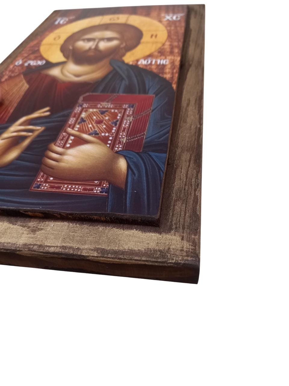 14 1/4" Wooden Icon of Jesus Christ • Byzantine Greek Orthodox Wall • Solid Wood Varnished • Christian Home Prayer Corner • 36x20.5cm