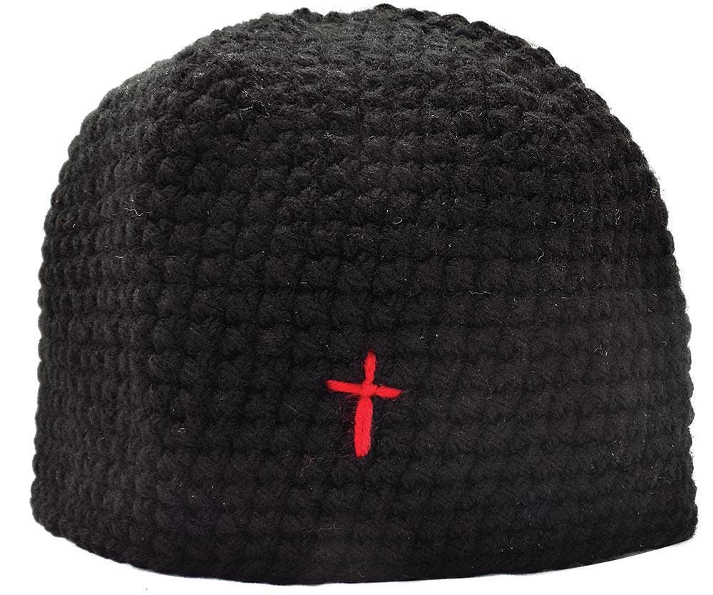Greek Orthodox Skufia Hat • Hand-Knitted Wool • Black Clergy Monk Laymen Cap • Red Cross Variation • One Size • Monastery Headwear