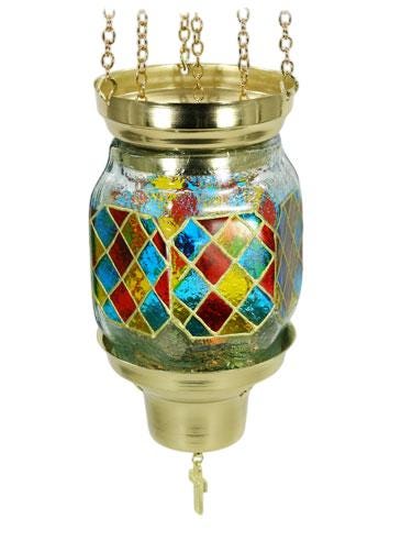 Handmade Multicolored Hand-Painted Glass Vigil Oil Lamp | Hanging Wall-Mounted Brass Chains | Orthodox Style Prayer Lamp