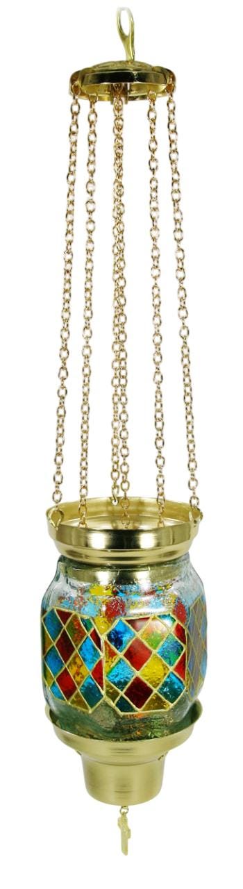 Handmade Multicolored Hand-Painted Glass Vigil Oil Lamp | Hanging Wall-Mounted Brass Chains | Orthodox Style Prayer Lamp