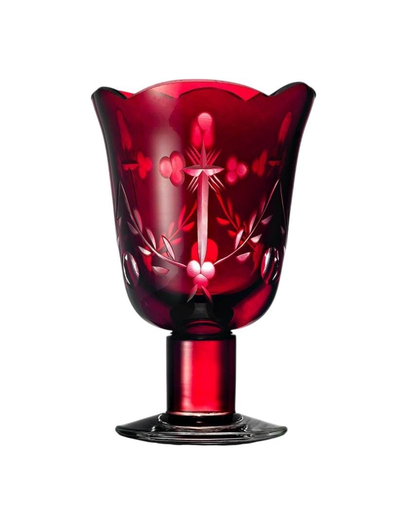 Handmade Red Glass Vigil Lamp | Hand-Carved Cross & Palm Design | Orthodox Candle Holder | Standing Oil Lamp for Icon Corner or Home Chapel