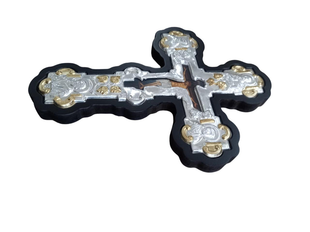 Byzantine Greek Orthodox Wall Cross MDF Metal 20x26.5cm Black Wood, Silver & Gold Floral Crucifix, Trilobe Style with Evangelist Icons
