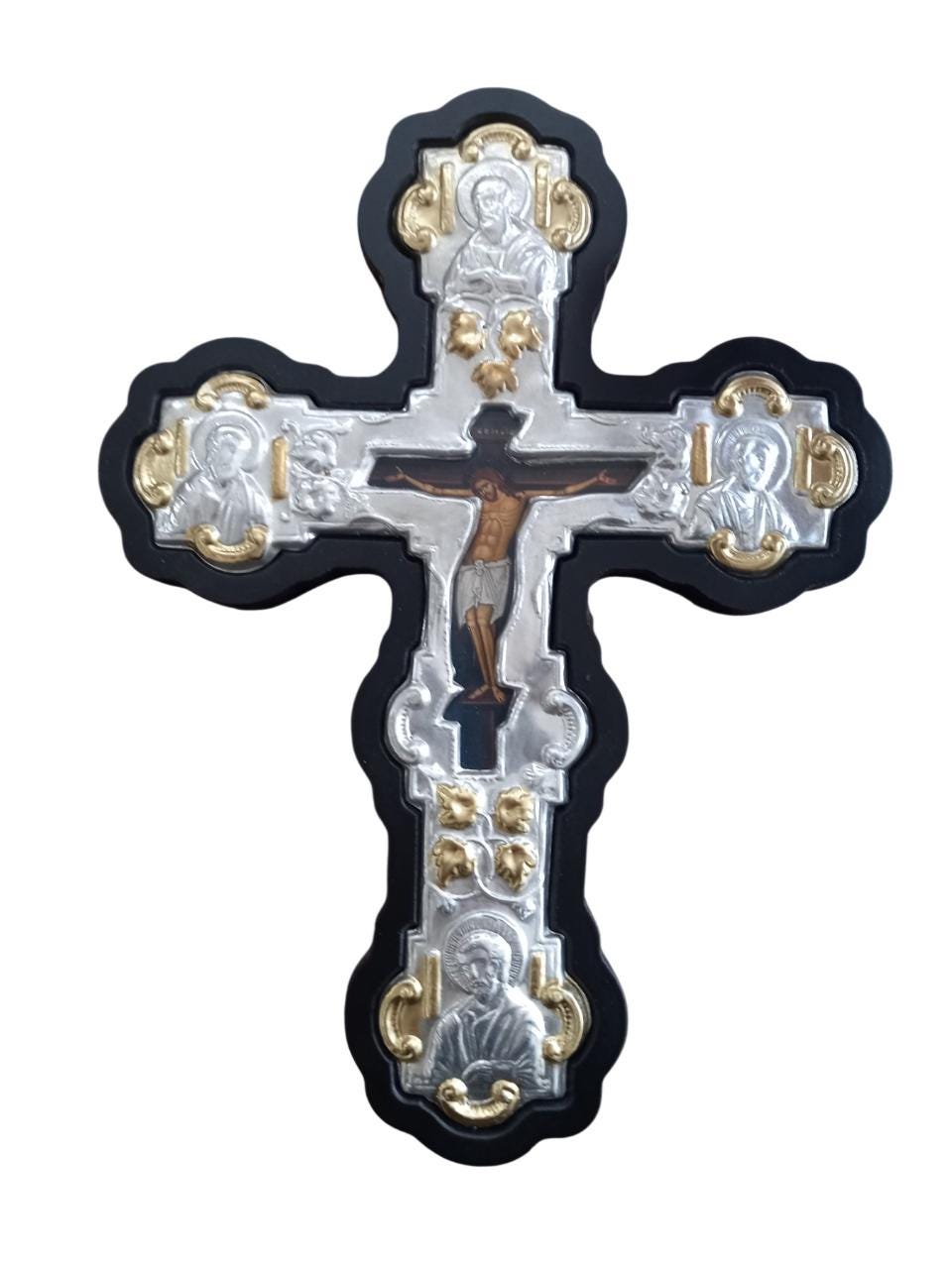 Byzantine Greek Orthodox Wall Cross MDF Metal 20x26.5cm Black Wood, Silver & Gold Floral Crucifix, Trilobe Style with Evangelist Icons