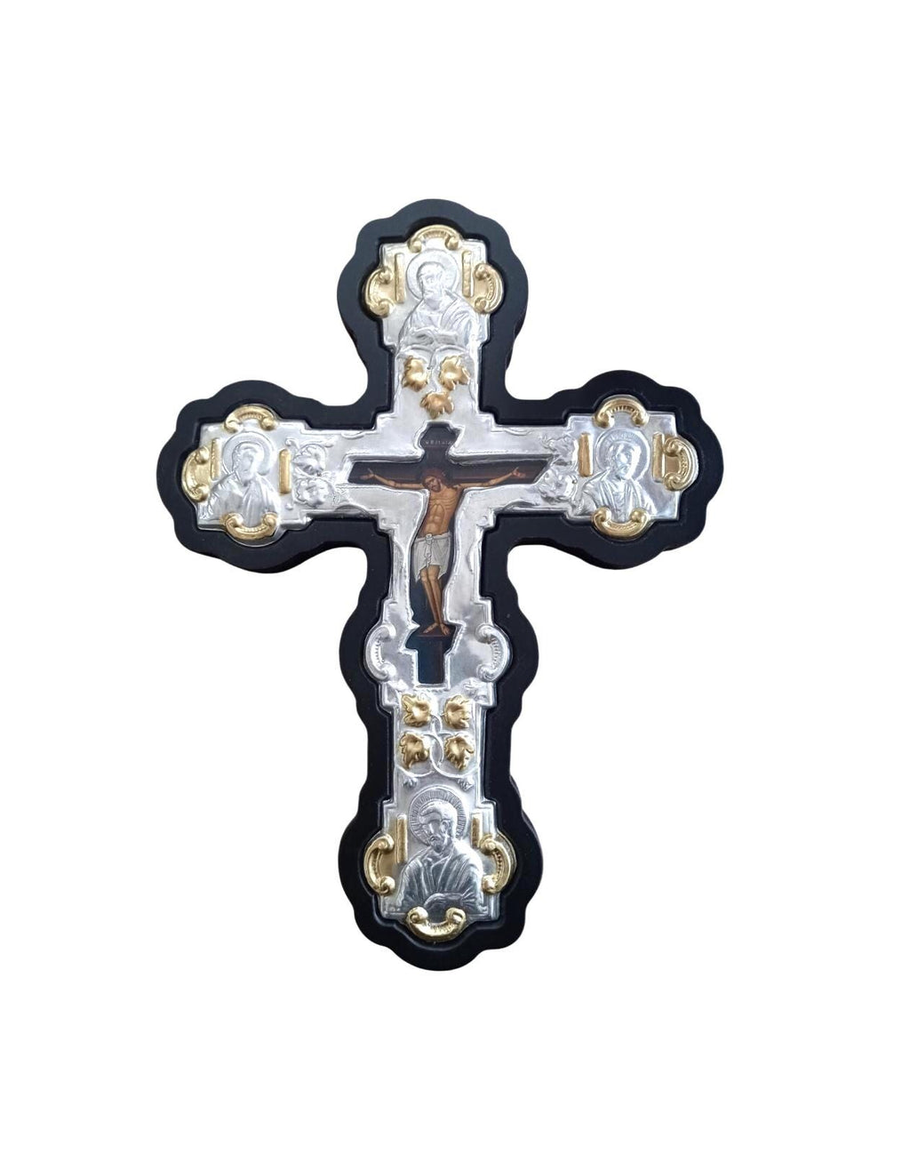 Byzantine Greek Orthodox Wall Cross MDF Metal 20x26.5cm Black Wood, Silver & Gold Floral Crucifix, Trilobe Style with Evangelist Icons