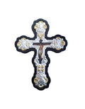 Byzantine Greek Orthodox Wall Cross MDF Metal 20x26.5cm Black Wood, Silver & Gold Floral Crucifix, Trilobe Style with Evangelist Icons