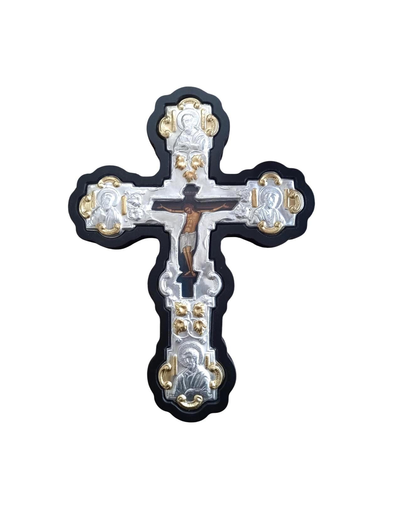 Byzantine Greek Orthodox Wall Cross MDF Metal 20x26.5cm Black Wood, Silver & Gold Floral Crucifix, Trilobe Style with Evangelist Icons