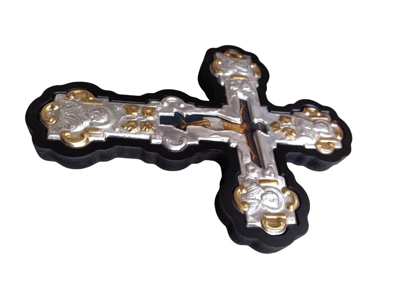Byzantine Greek Orthodox Wall Cross MDF Metal 20x26.5cm Black Wood, Silver & Gold Floral Crucifix, Trilobe Style with Evangelist Icons