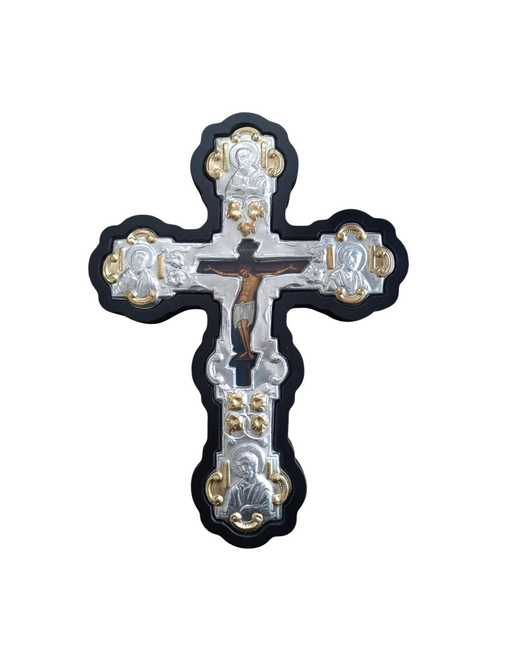 Byzantine Greek Orthodox Wall Cross MDF Metal 20x26.5cm Black Wood, Silver & Gold Floral Crucifix, Trilobe Style with Evangelist Icons