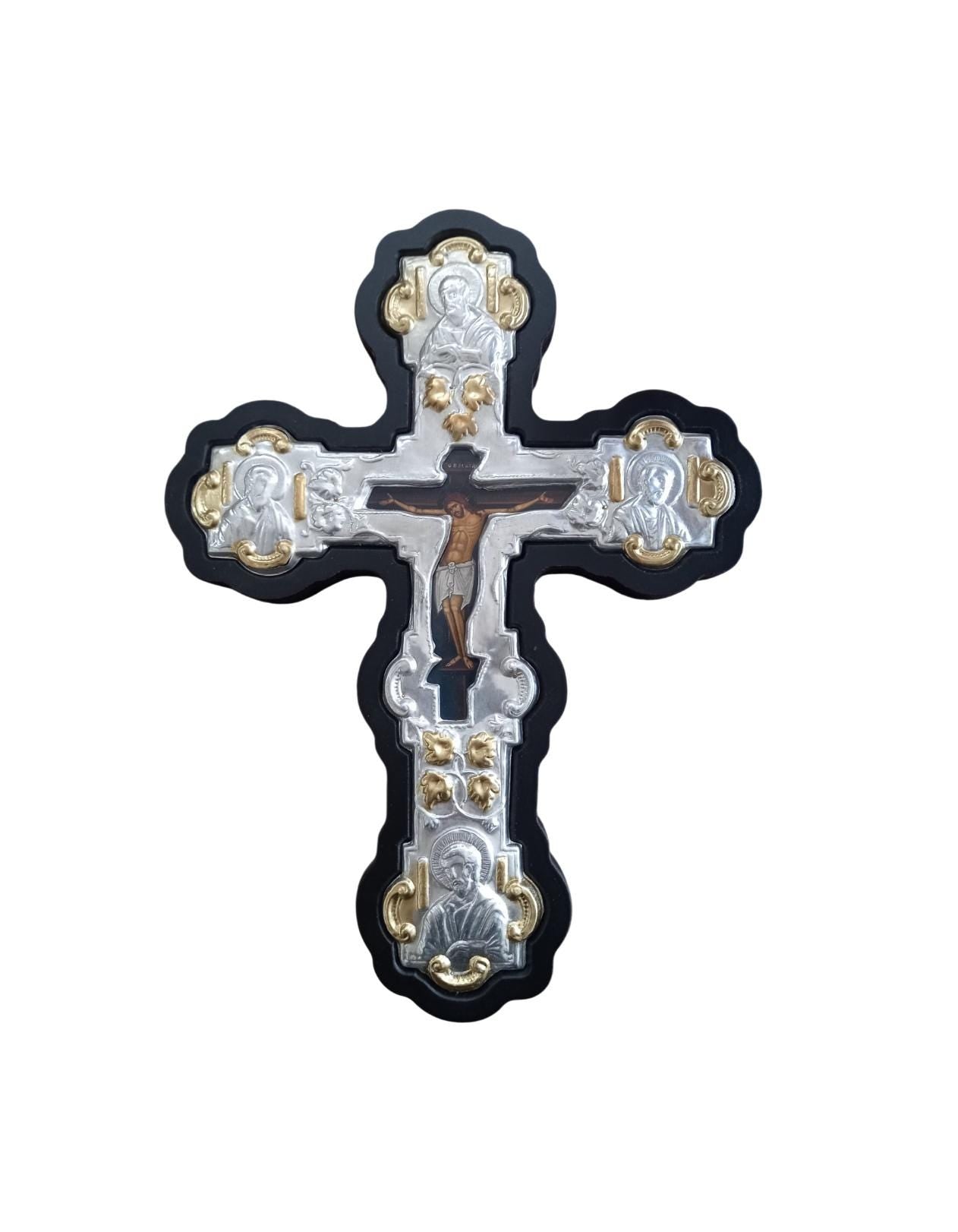 Byzantine Greek Orthodox Wall Cross MDF Metal 20x26.5cm Black Wood, Silver & Gold Floral Crucifix, Trilobe Style with Evangelist Icons