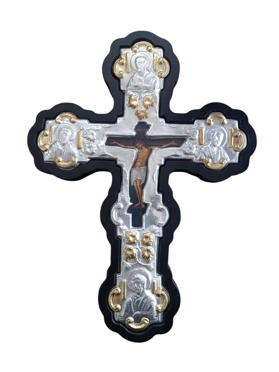 Byzantine Greek Orthodox Wall Cross MDF Metal 20x26.5cm Black Wood, Silver & Gold Floral Crucifix, Trilobe Style with Evangelist Icons