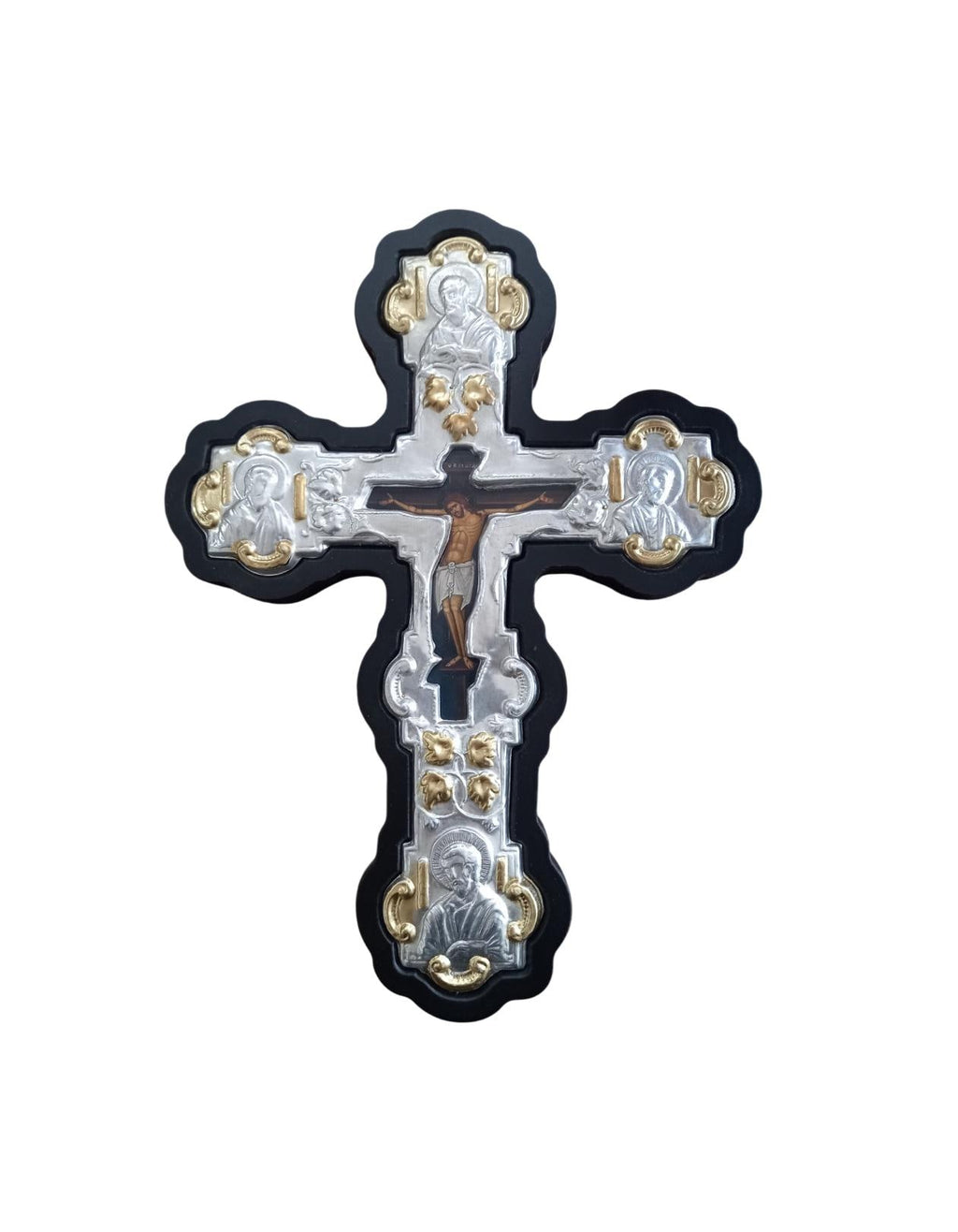 Byzantine Greek Orthodox Wall Cross MDF Metal 20x26.5cm Black Wood, Silver & Gold Floral Crucifix, Trilobe Style with Evangelist Icons